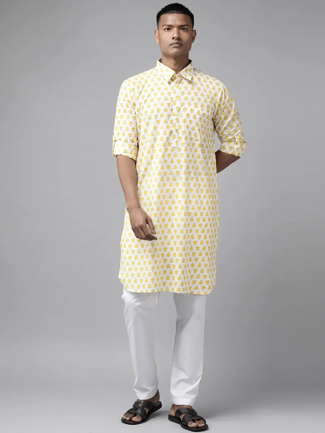 Men White Multi Tie and dye Print Design Straight Kurta With Pyjama SDKT111101XL