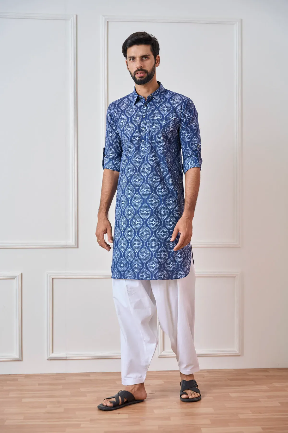 Men Indigo Regular Pure Cotton Pathani Kurta With White Salwar