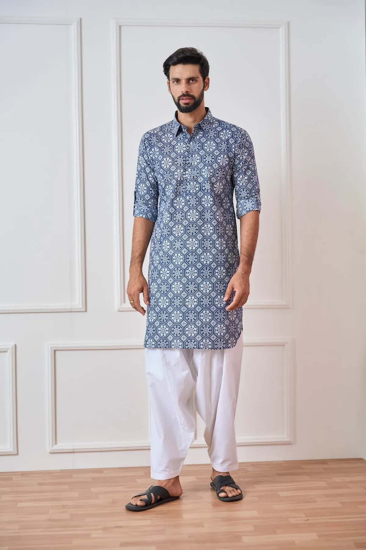 Men Indigo Regular Pure Cotton Pathani Kurta With White Salwar