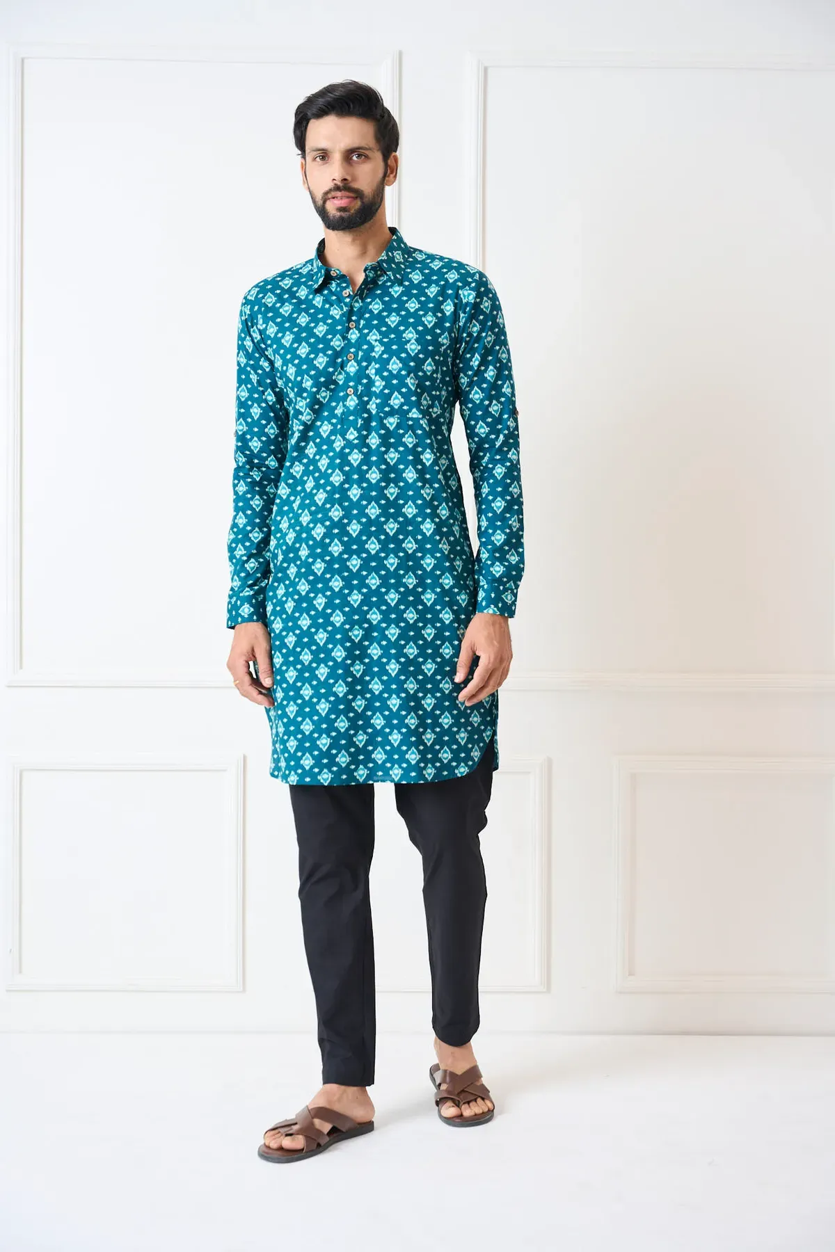 Men Teal Blue Regular Pure Cotton Pathani Kurta With Black Pyjama