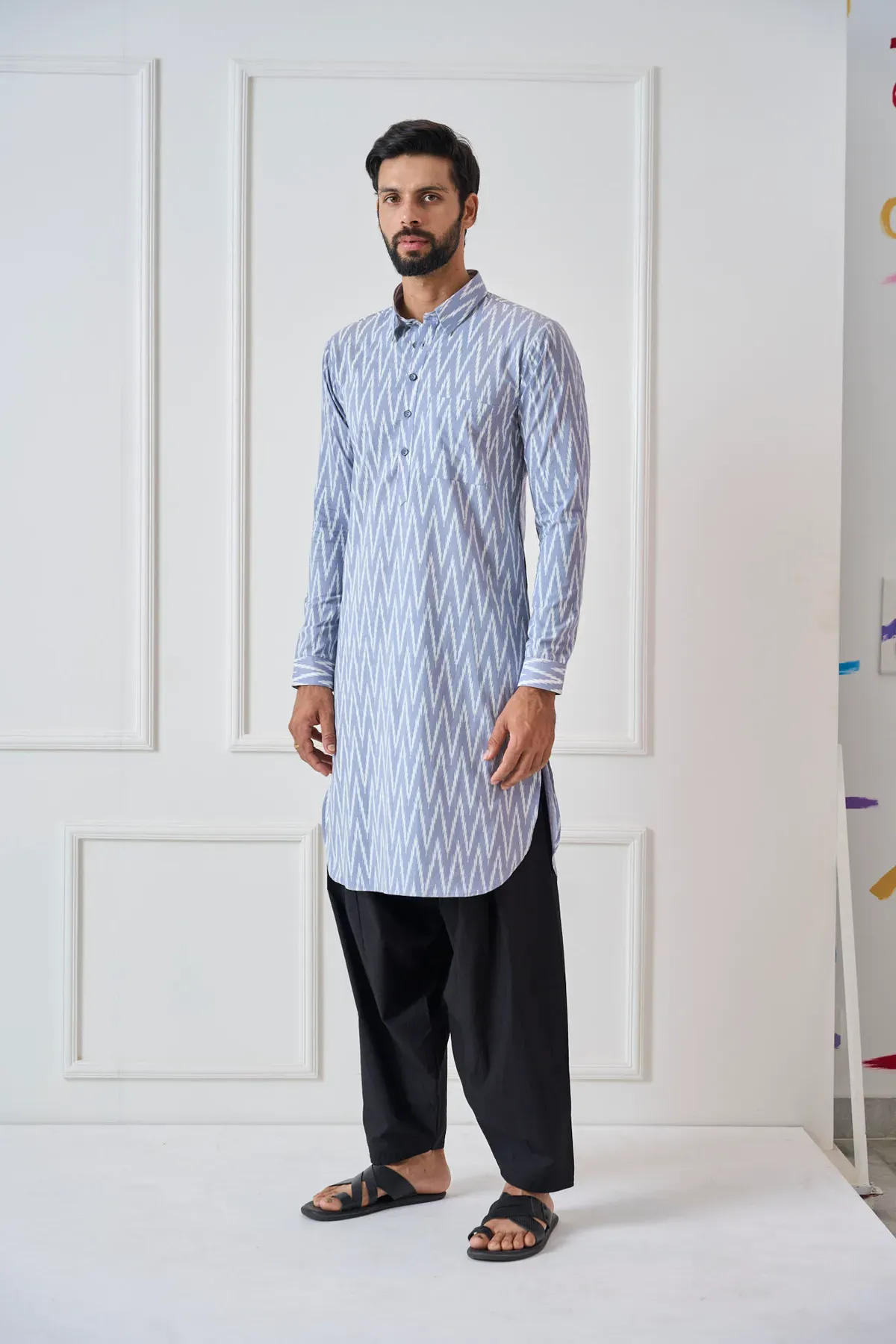 Men Light Grey Regular Pure Cotton Pathani Kurta With Black Salwar