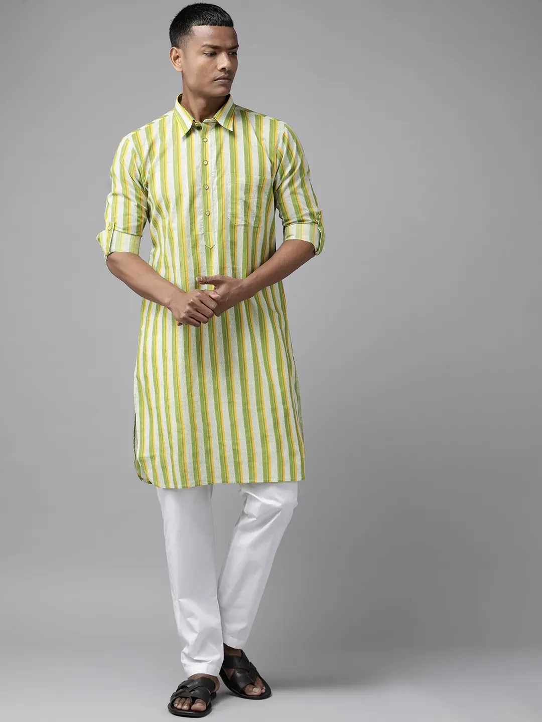 Men Lime Green Regular Pure Cotton Pathani Printed Men's Kurta With White Salwar