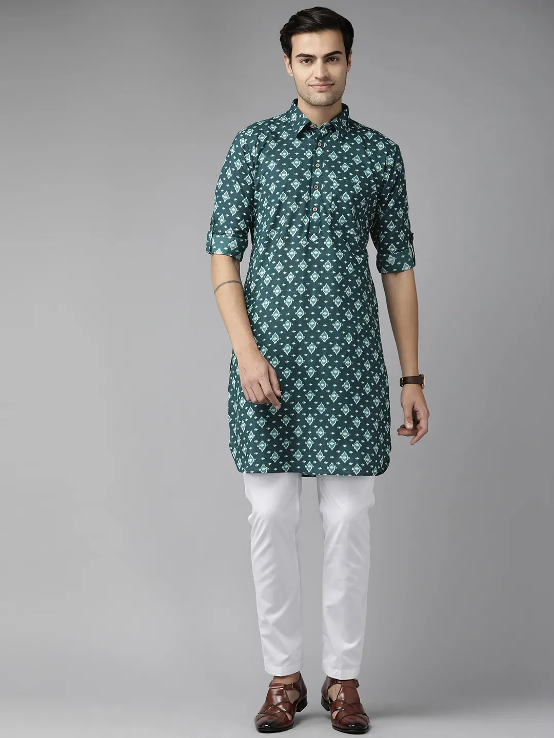 Men Teal Blue Regular Pure Cotton Pathani Printed Men's Kurta With White Salwar