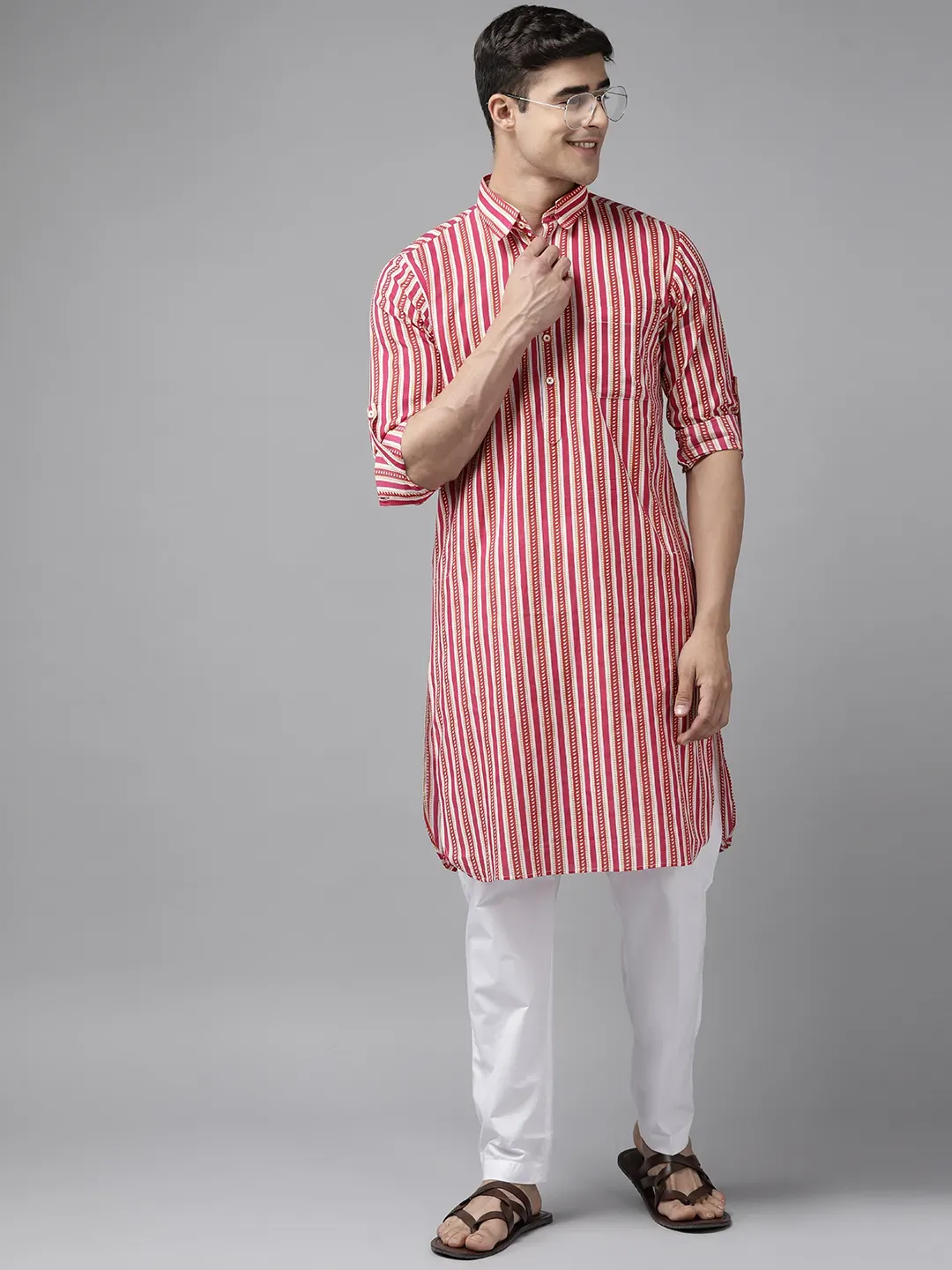 Men Fuchsia Pink Regular Pure Cotton Pathani Printed Men's Kurta With White Salwar SDPKT116601XXL